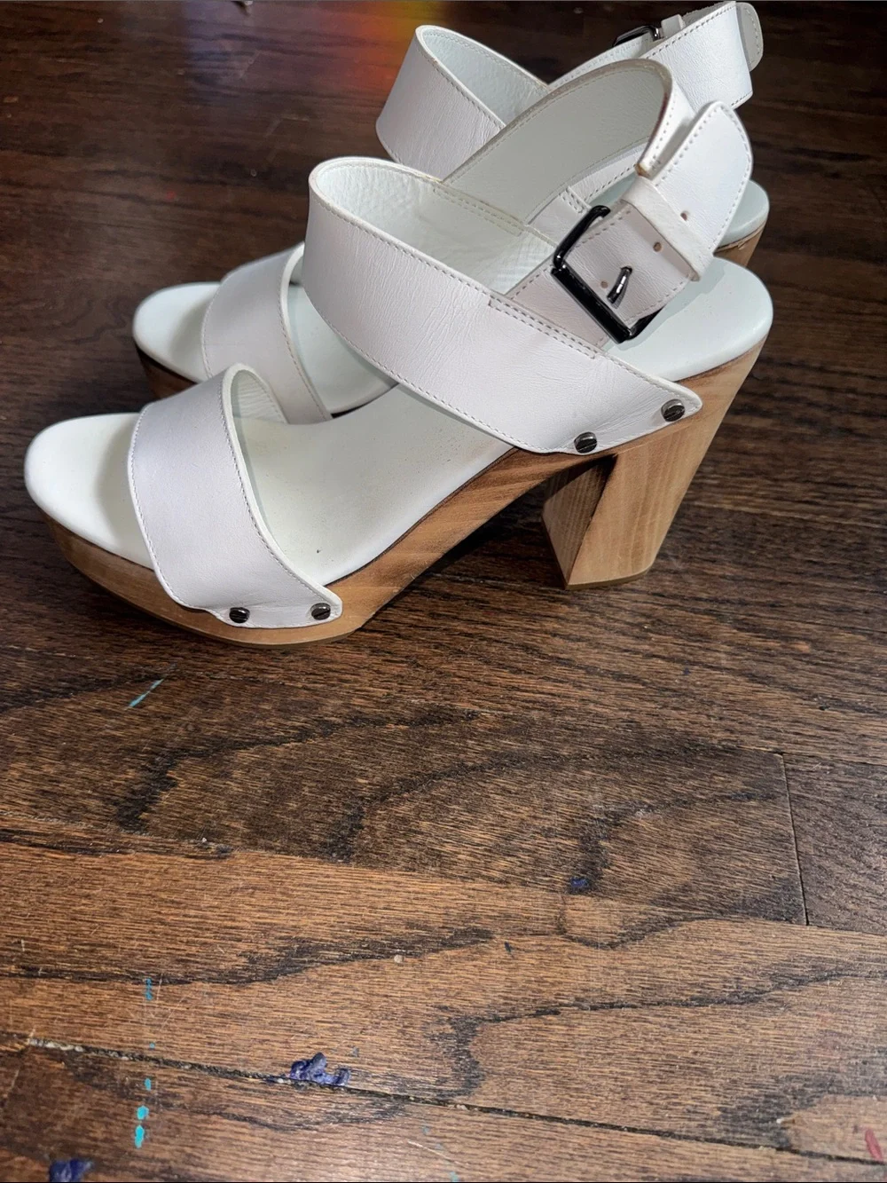 Vince White Two-Strap Ankle Buckle Sandals with Low Block Heel